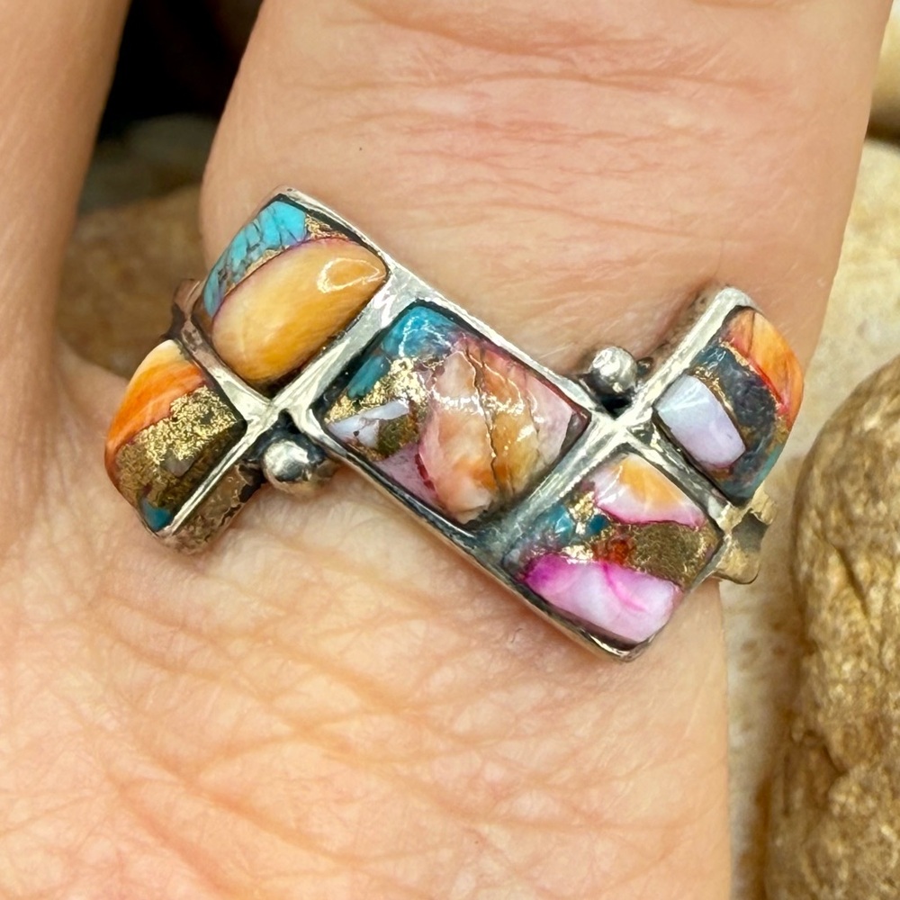 Santa Fe Multi Gemstone 925 Sterling Silver Ring Sz 8 5.5ctw Southwestern Style - Picture 6 of 17